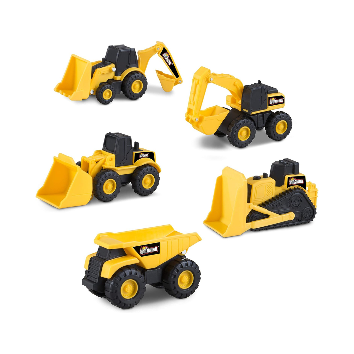 Rhino Construction Nikko Mini Machine Vehicle Toy 5-Piece Set, 8cm Push-Powered Trucks and Construction Vehicles, Bulldozer, Dump Truck, Excavator, Wheel Loader, Backhoe, Assorted Colors, Kids Playset for Ages 3+