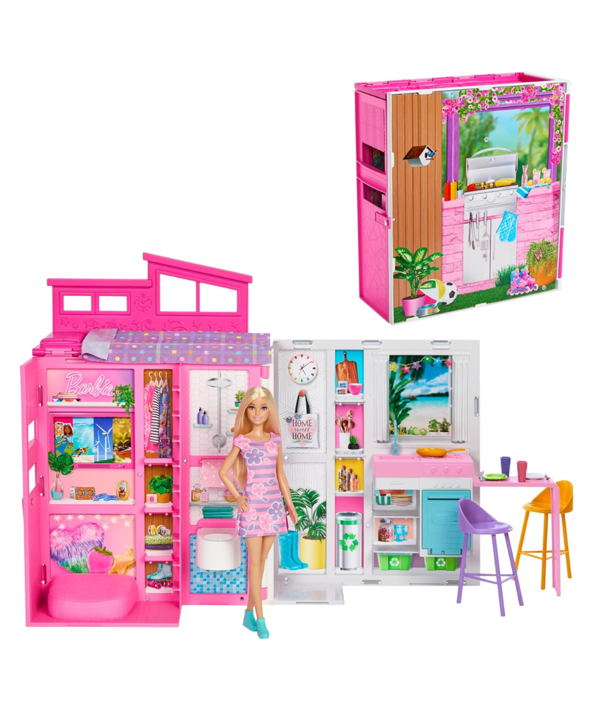 Barbie Getaway Doll House with Barbie Doll, 4 Play Areas and 11 Decor Accessories, Age 3+