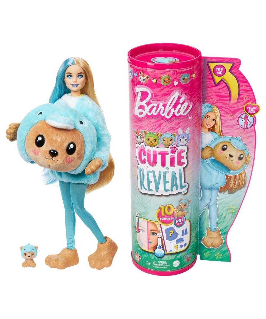 Barbie Cutie Reveal Teddy Bear as Dolphin Costume-Themed Series Doll with 10 Surprises, Color-Change Features & Accessories for Kids Age 3+