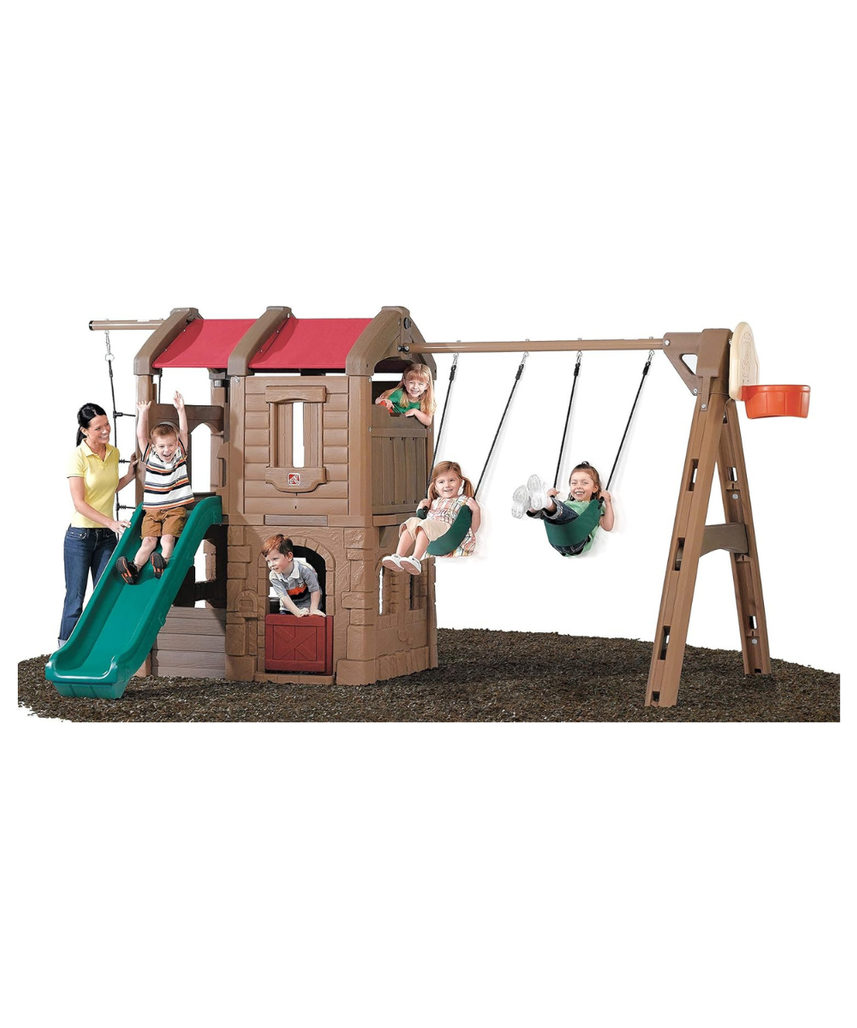 Step2 Adventure Lodge Play Center Climber and Slide, Two Story Clubhouse with Swings and Rope Ladder, Outdoor Playset for Kids 3+