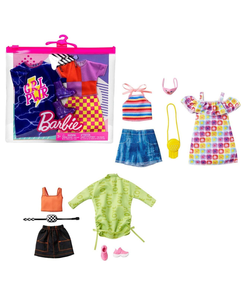 Barbie Fashions 2-Pack Clothing Set, 2 Outfits for Barbie Doll includes Off-The-Shoulder Butterfly Print Dress, Butterfly Tank & Blue Shorts & 2 Accessories, Gift for Kids 3 to 8 Years Old