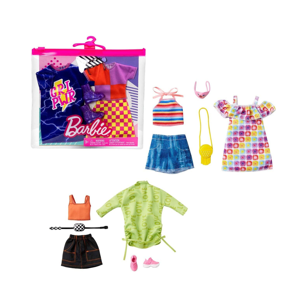Barbie Fashions 2-Pack Clothing Set, 2 Outfits for Barbie Doll includes Off-The-Shoulder Butterfly Print Dress, Butterfly Tank & Blue Shorts & 2 Accessories, Gift for Kids 3 to 8 Years Old