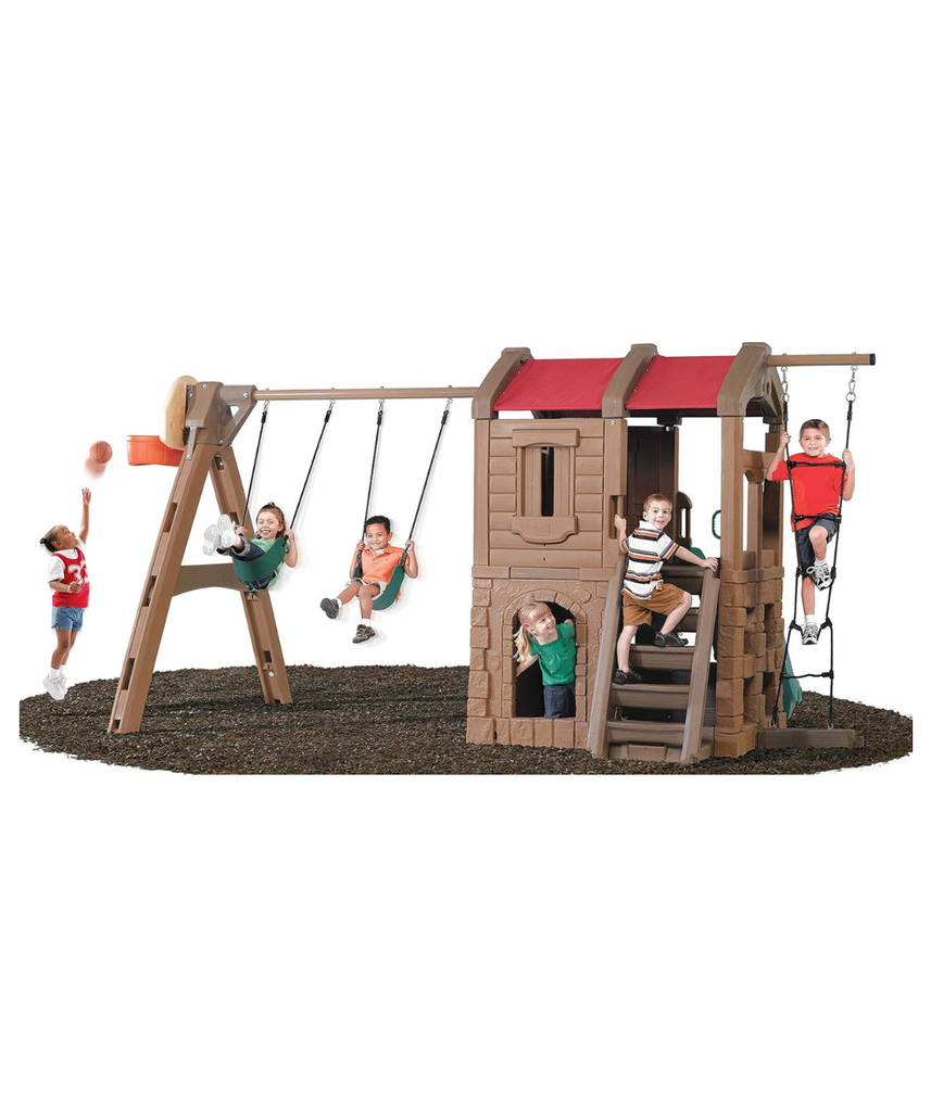 Step2 Adventure Lodge Play Center Climber and Slide, Two Story Clubhouse with Swings and Rope Ladder, Outdoor Playset for Kids 3+