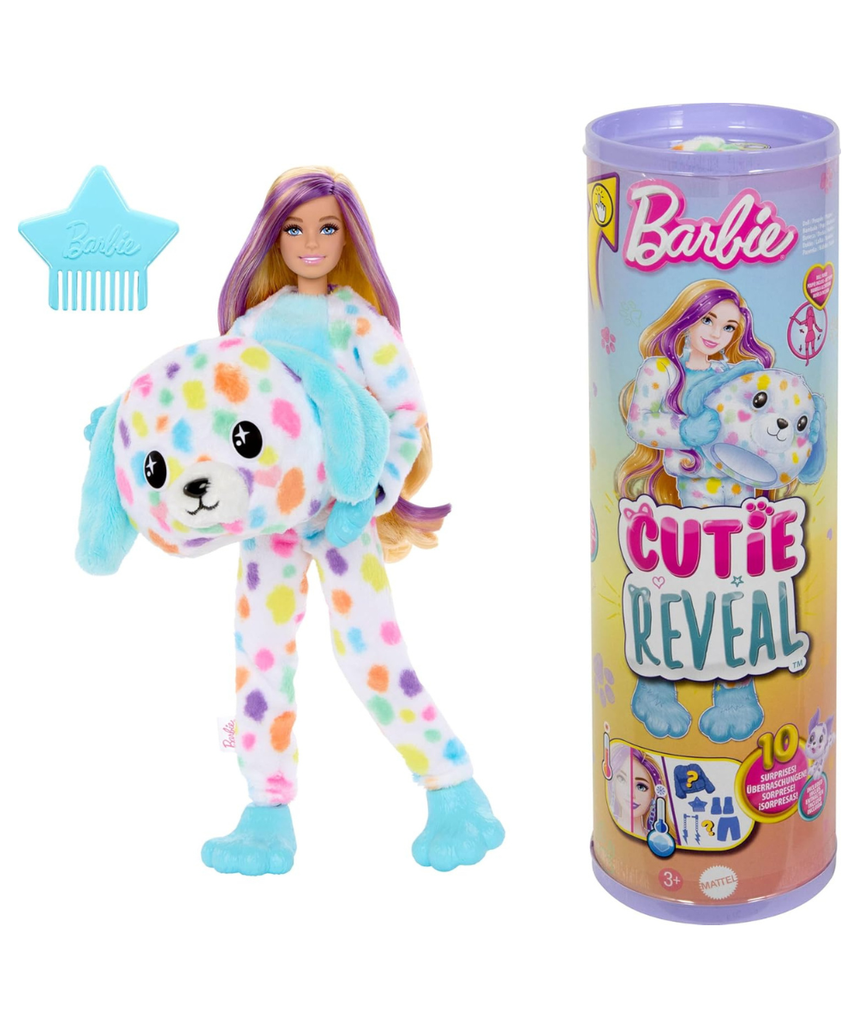 Barbie Cutie Reveal Color Dream Dalmatian Doll with Rainbow Plush & 10 Color-Changing Surprise Accessories, Ages 3+