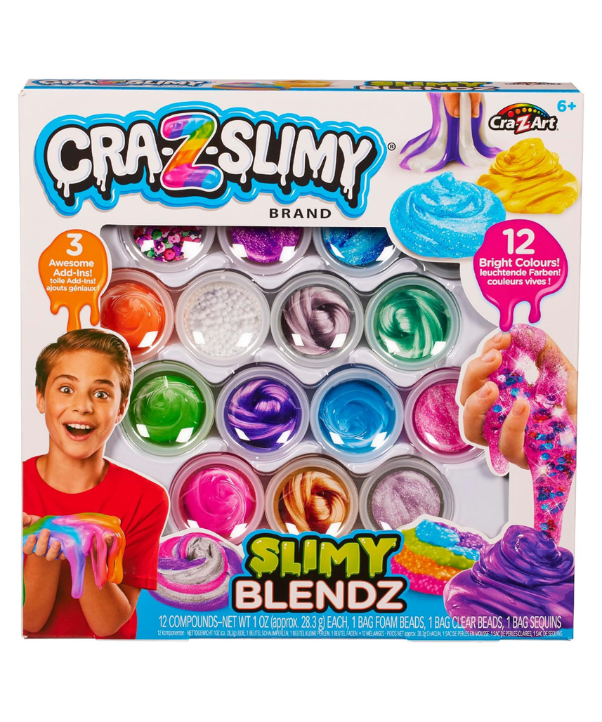 Cra-Z-Art Slimy Slimy Blends, 12 Colors of Super Stretchy Slime with 3 Fun Add-Ins, Non-Sticky, Long-Lasting Sensory Play Kit for Kids, Birthday Gift for 6+