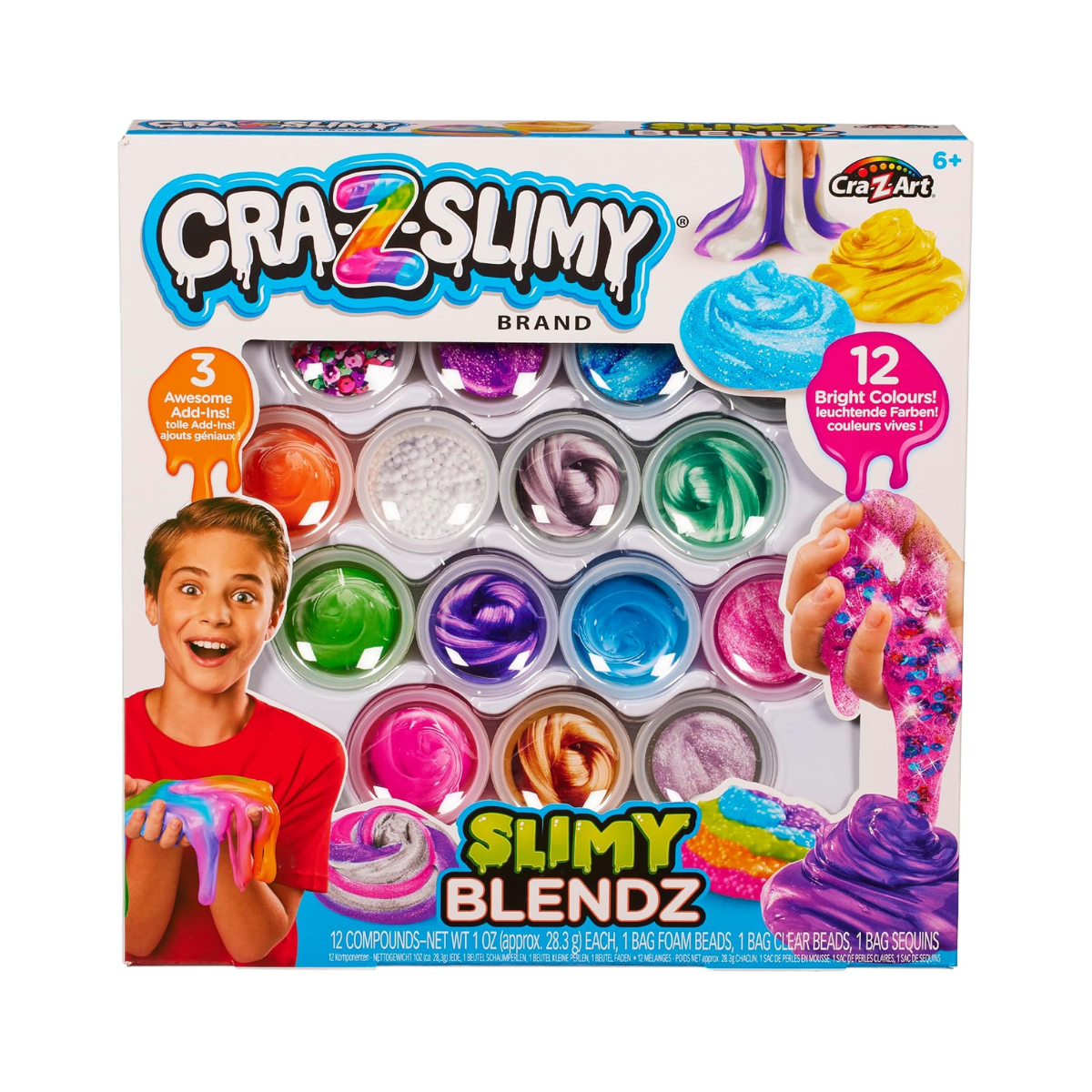 Cra-Z-Art Slimy Slimy Blends, 12 Colors of Super Stretchy Slime with 3 Fun Add-Ins, Non-Sticky, Long-Lasting Sensory Play Kit for Kids, Birthday Gift for 6+