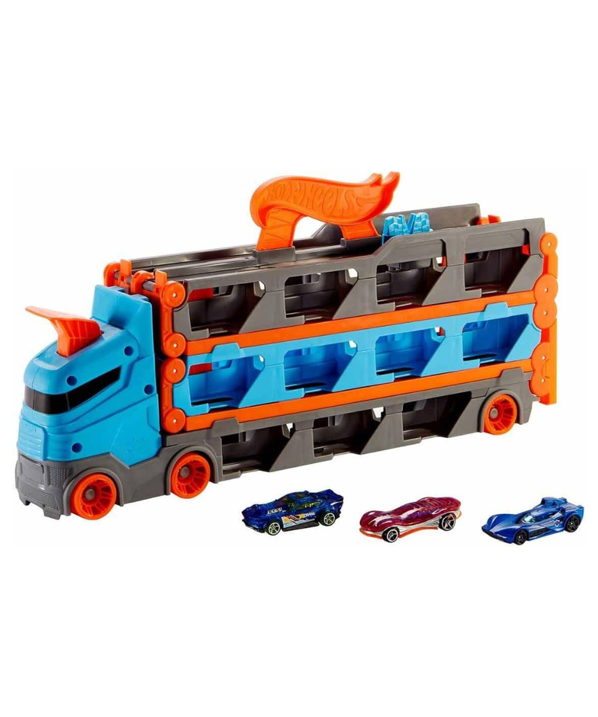 Hot Wheels Convertible Transport Truck GVG37 – 1:64 Scale Semi-Truck Playset with Dual Launcher, 3 Die-Cast Cars & Expandable Track – Ages 4 to 8