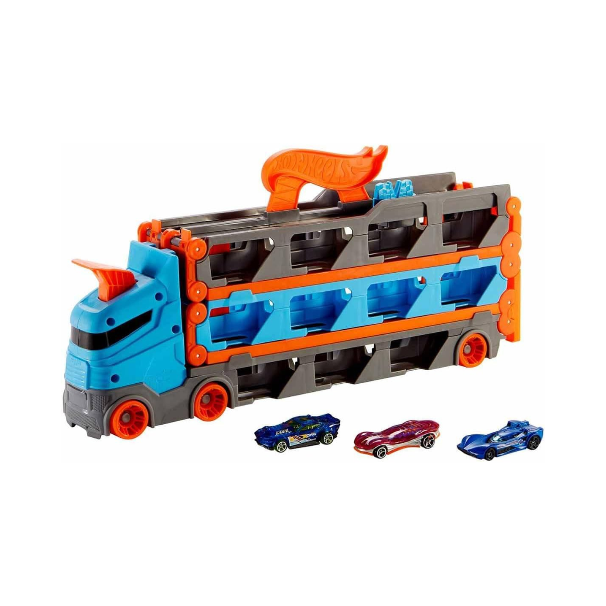 Hot Wheels Convertible Transport Truck GVG37 – 1:64 Scale Semi-Truck Playset with Dual Launcher, 3 Die-Cast Cars & Expandable Track – Ages 4 to 8