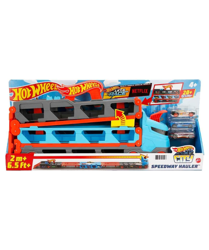 Hot Wheels Convertible Transport Truck GVG37 – 1:64 Scale Semi-Truck Playset with Dual Launcher, 3 Die-Cast Cars & Expandable Track – Ages 4 to 8
