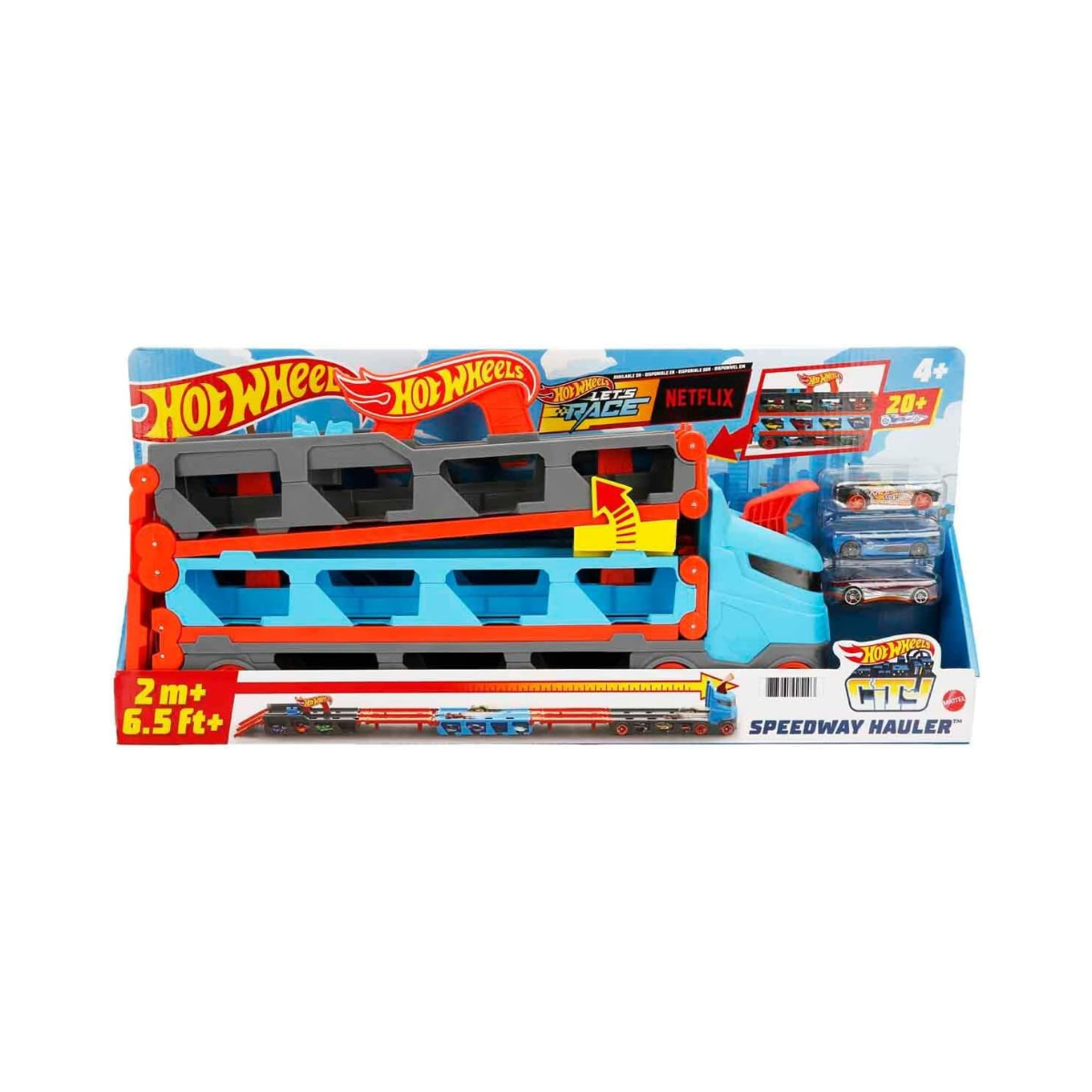 Hot Wheels Convertible Transport Truck GVG37 – 1:64 Scale Semi-Truck Playset with Dual Launcher, 3 Die-Cast Cars & Expandable Track – Ages 4 to 8