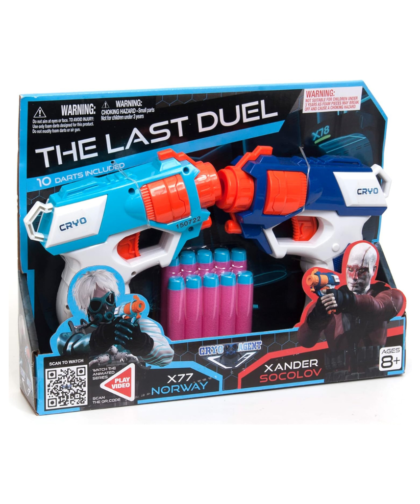 Cryo Agent Last Duel Dart Gun, 2 Blasters in Different Colors, Single Shot Foam Blasters, Easy Operation, Toy Gun Set for Kids 8+