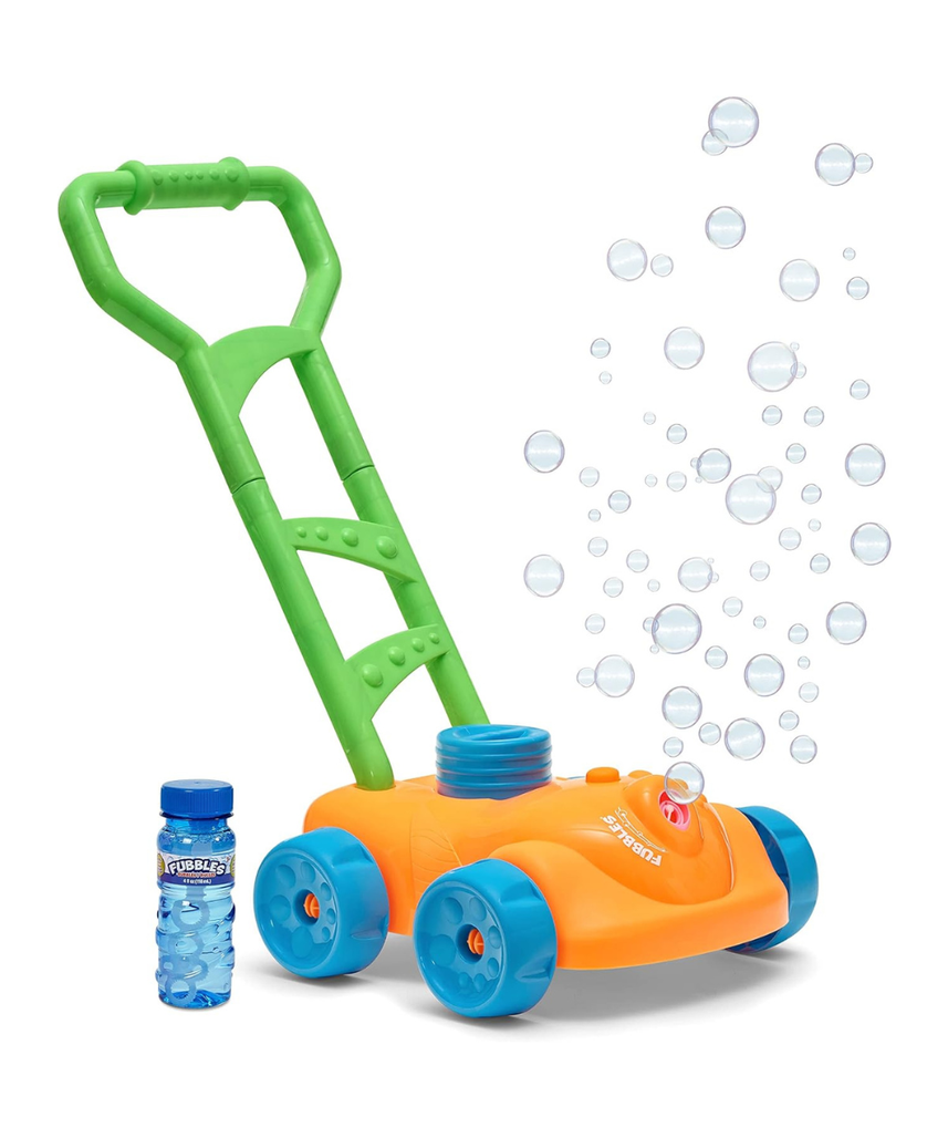 Little Kids Fubbles No Spill Bubble Lawn Mower, Automatic Bubble Blower Machine, Toddler Outdoor Bubble Toy, Includes 4oz Non Toxic Solution, Continuous Bubble Play, Soft Grip Handle, Pretend Play Lawn Mower for Boys and Girls, Ages 3 Plus