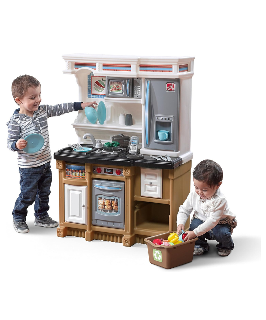 Step2 Custom Kitchen Refresh, Interactive Roleplay Kitchen Set with Lights Sounds Storage Accessories, Pretend Cooking Toy for Kids Boys and Girls Age 2 to 6, Tan
