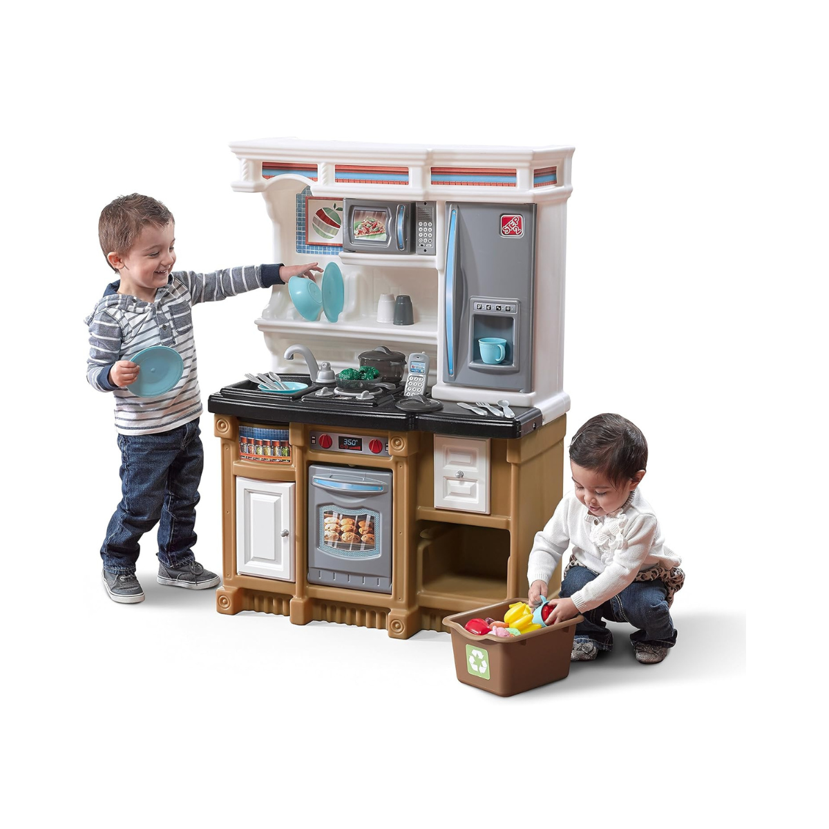 Step2 Custom Kitchen Refresh, Interactive Roleplay Kitchen Set with Lights Sounds Storage Accessories, Pretend Cooking Toy for Kids Boys and Girls Age 2 to 6, Tan