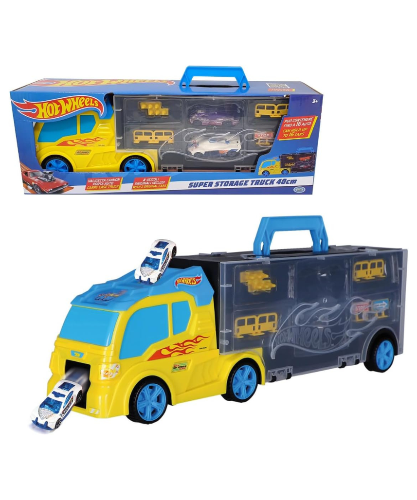 ODS 42041 Hot Wheels Transporter 40, Two Sided Folding Carry Case with Practical Handle and Car Slide, Includes 3 Original Vehicles and Road Signs, Freewheel Operation, Durable Plastic, Orange, Toy Car Storage and Playset for Kids Ages 3 and Up