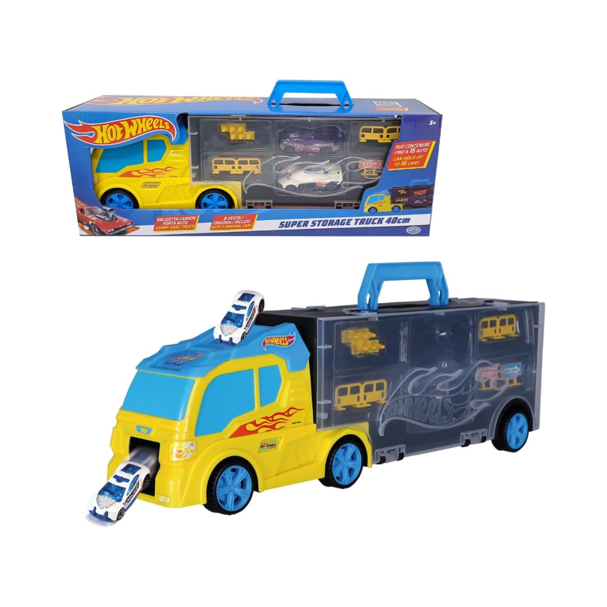 ODS 42041 Hot Wheels Transporter 40, Two Sided Folding Carry Case with Practical Handle and Car Slide, Includes 3 Original Vehicles and Road Signs, Freewheel Operation, Durable Plastic, Orange, Toy Car Storage and Playset for Kids Ages 3 and Up