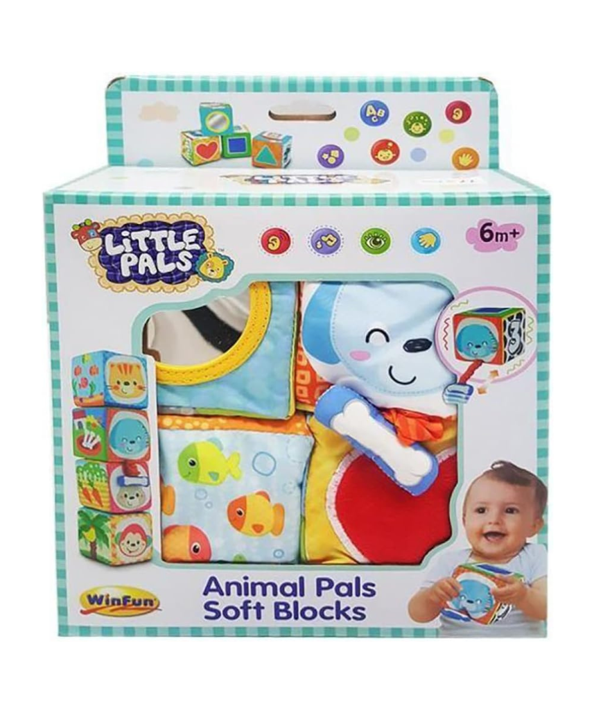 Winfun Animal Pals Soft Blocks Set of Chunky Sensory Foam Blocks for Infants and Toddlers, Interactive Learning Cubes with Textures, Bright Animal Prints, Counting, Shapes, and Baby-Safe Mirror, Ages 3 Months+