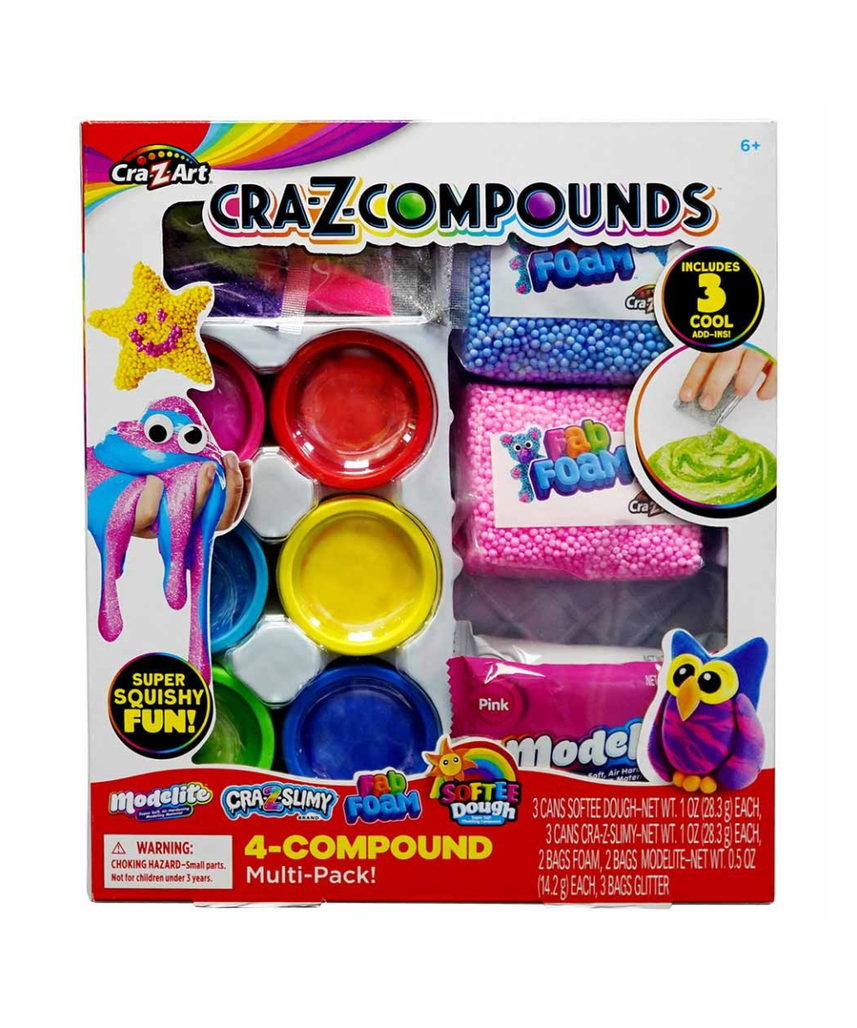 CraZart Cra-Z-Compounds Small Pack CA-60067, 4 Sensory Compounds Slimy + Fab Foam + Softee Dough + Modelite, Glitter Fun, Creative Play for Kids 3+
