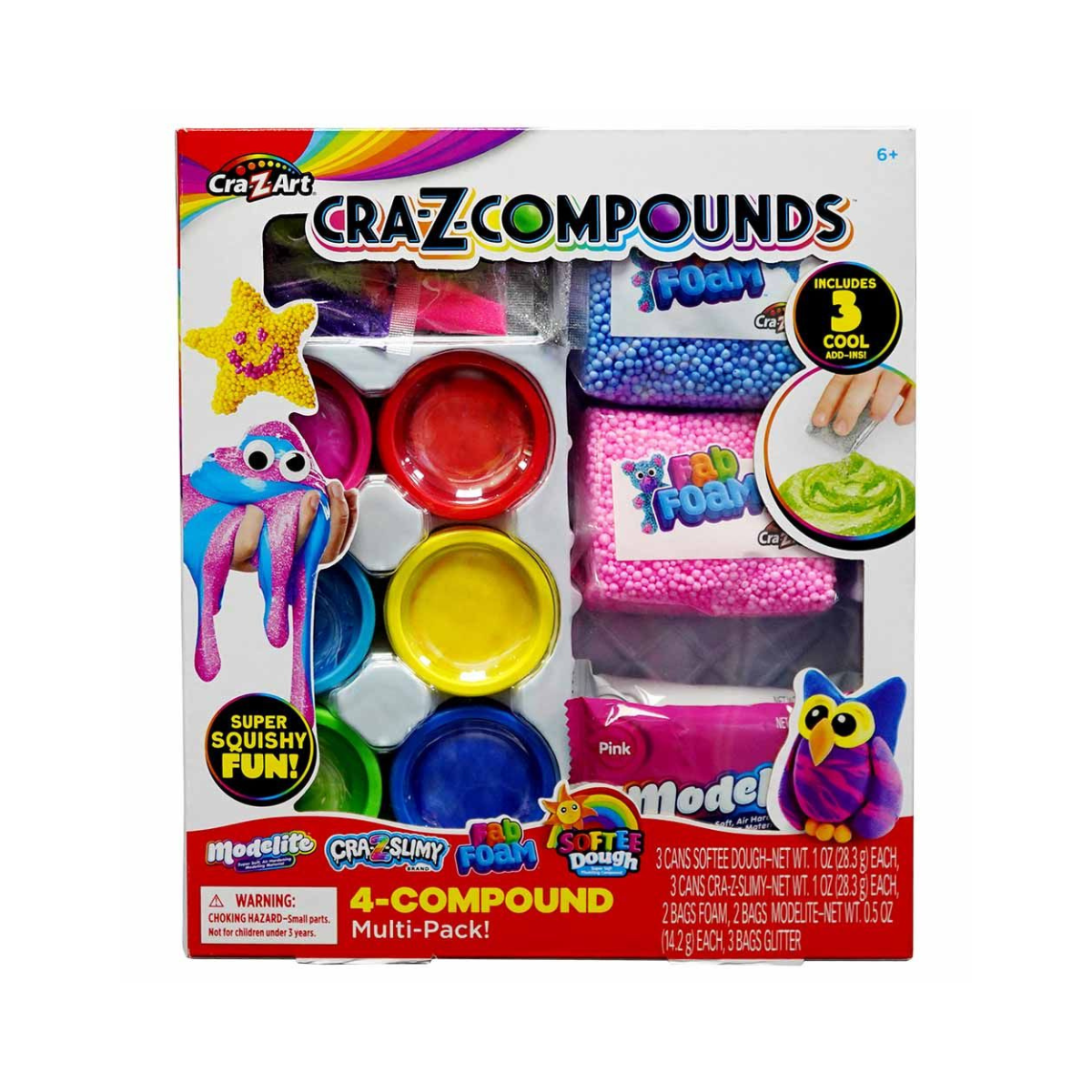 CraZart Cra-Z-Compounds Small Pack CA-60067, 4 Sensory Compounds Slimy + Fab Foam + Softee Dough + Modelite, Glitter Fun, Creative Play for Kids 3+