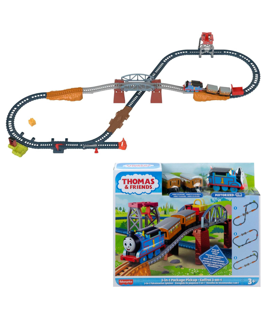 Thomas & Friends Fisher-Price 3-in-1 Package Pickup Train Set, Motorized Thomas with Annie & Clarabel, 3 Track Layouts, Battery-Powered, Ages 3+