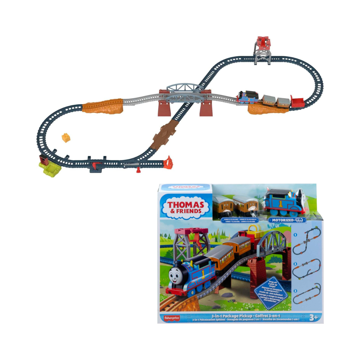 Thomas & Friends Fisher-Price 3-in-1 Package Pickup Train Set, Motorized Thomas with Annie & Clarabel, 3 Track Layouts, Battery-Powered, Ages 3+