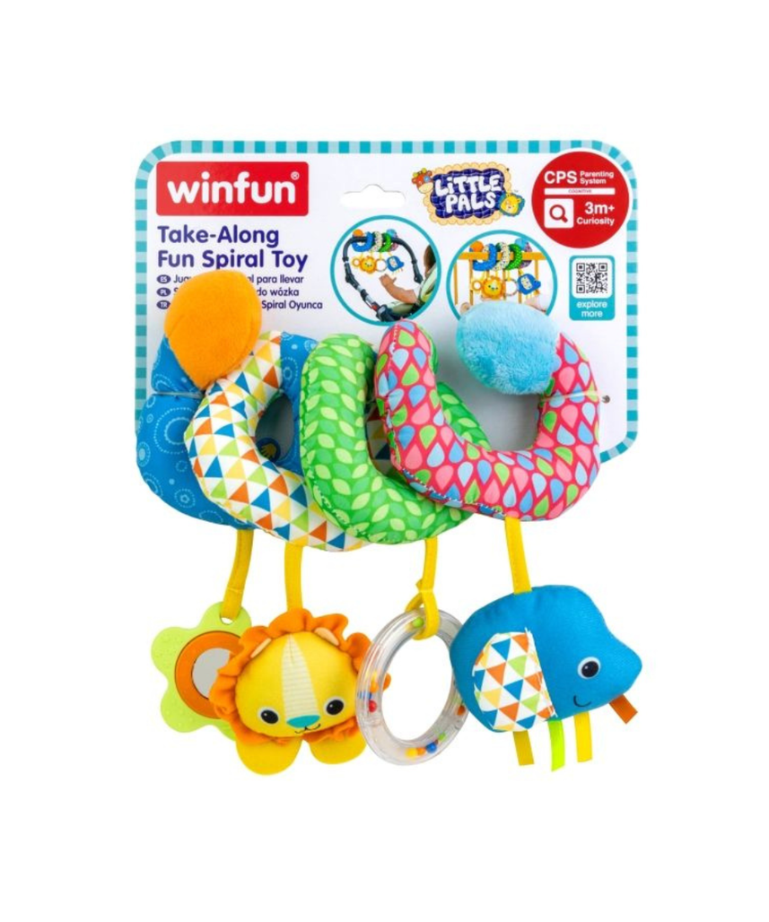 Winfun Take-Along Fun Spiral Crib and Stroller Toy with Animal Friends, Baby-Safe Peekaboo Mirror, Satin Taggies and Rattle Ring for Infants 3 Months+