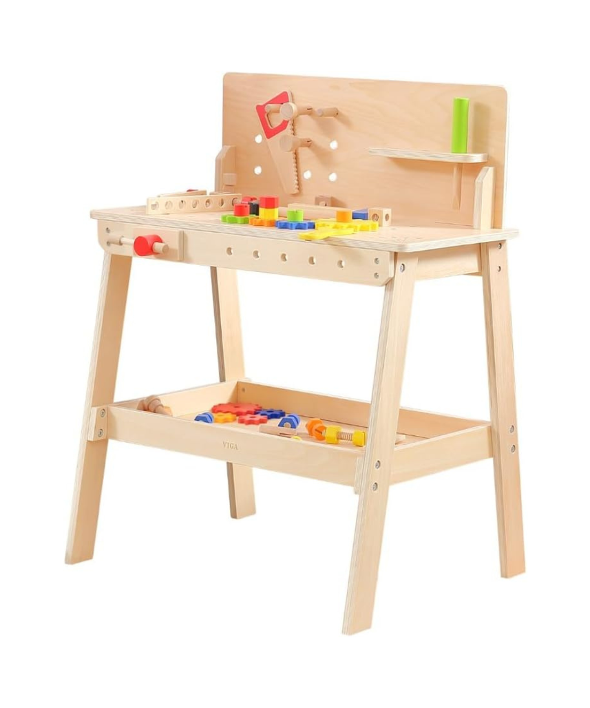 Viga Wooden Work Desk Stand and Tool Bench with Hammer, Screwdriver, Wrench and Accessories for Kids 3+ Educational Role-Play Toy