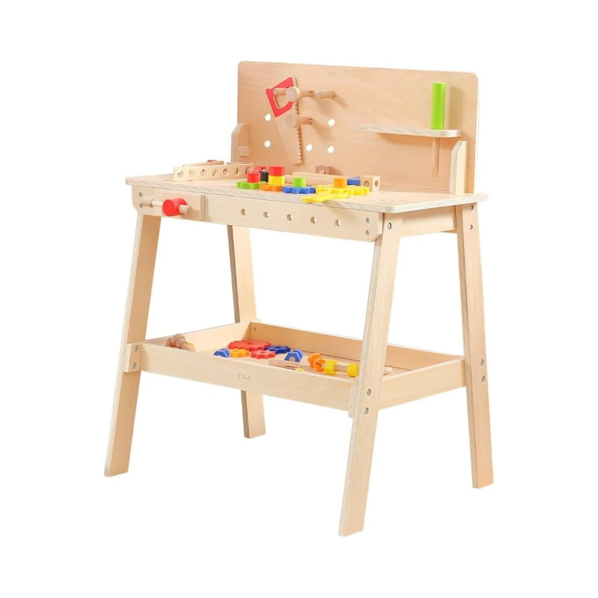 Viga Wooden Work Desk Stand and Tool Bench with Hammer, Screwdriver, Wrench and Accessories for Kids 3+ Educational Role-Play Toy