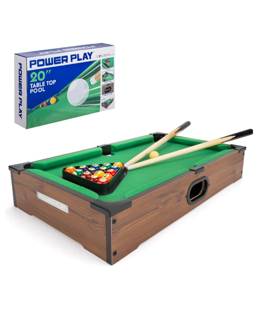 Power Play 20 Inch Pool Table, Kids Pool Game, Arcade Games for Boys and Girls 3+, Indoor and Outdoor Tabletop Game, Wooden Construction, Complete Billiard Set