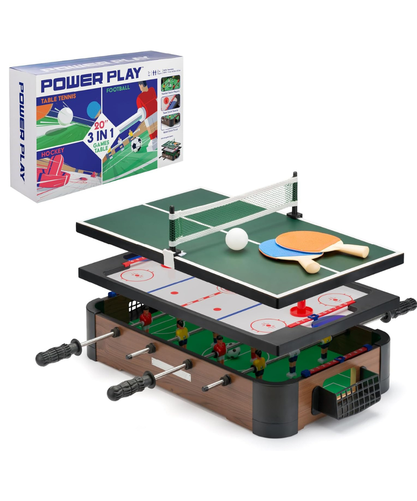 Power Play 3-in-1 Tabletop Games Set, Foosball, Air Hockey, Table Tennis, Multicolor, Wooden Construction, Kids Game Table for Boys and Girls 3+, Indoor Family Entertainment