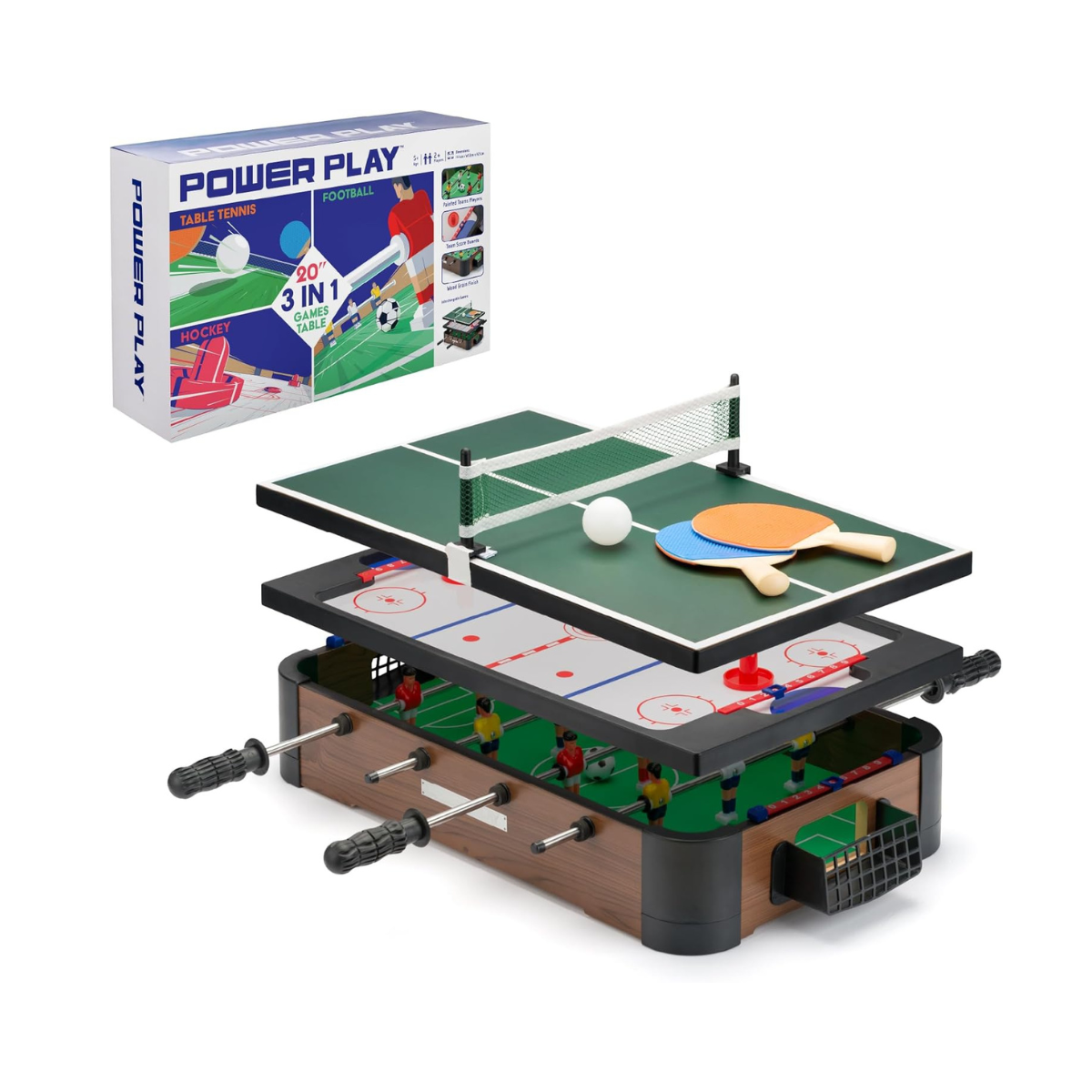 Power Play 3-in-1 Tabletop Games Set, Foosball, Air Hockey, Table Tennis, Multicolor, Wooden Construction, Kids Game Table for Boys and Girls 3+, Indoor Family Entertainment