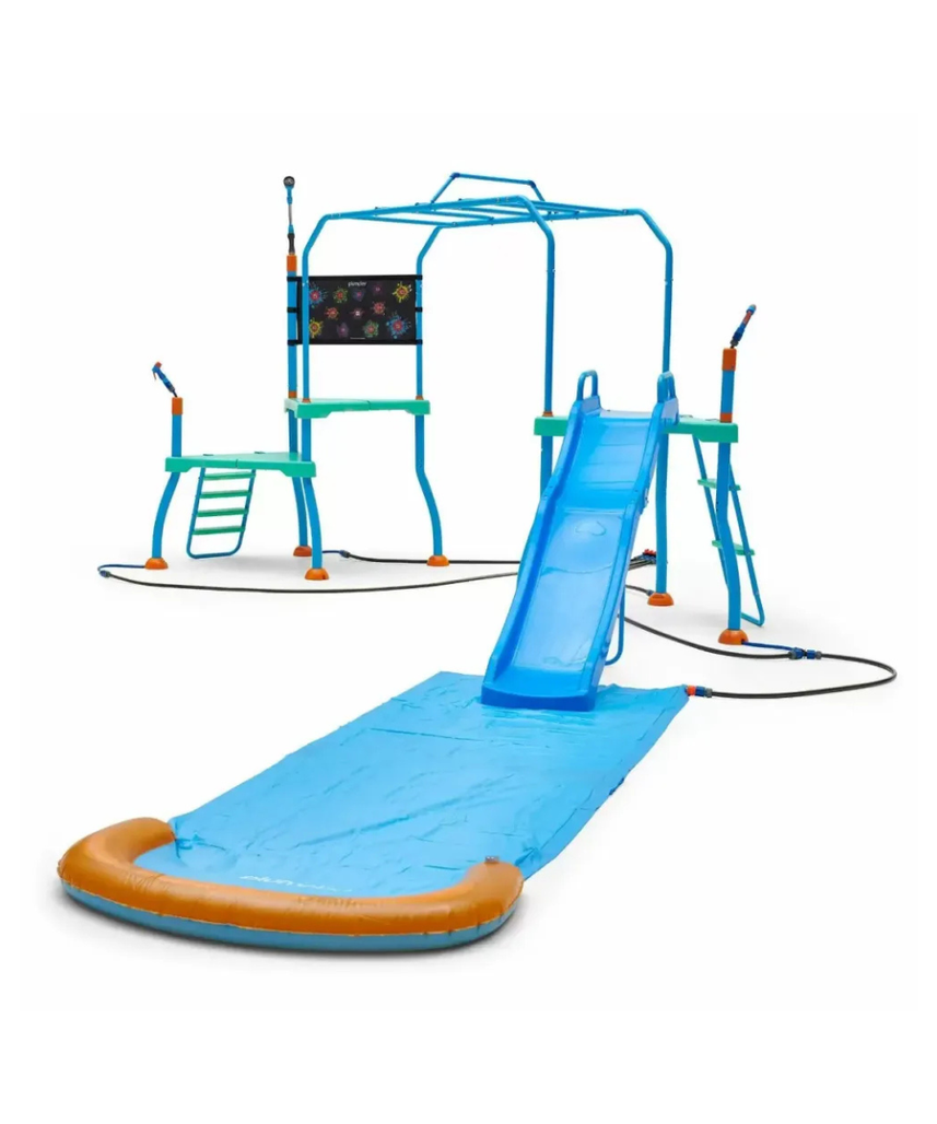 Plum Collection Water Park Blaster Course, Outdoor Splash Playset with Monkey Bars, Water Blasters and Sprinklers, Backyard Water Park for Kids 4+