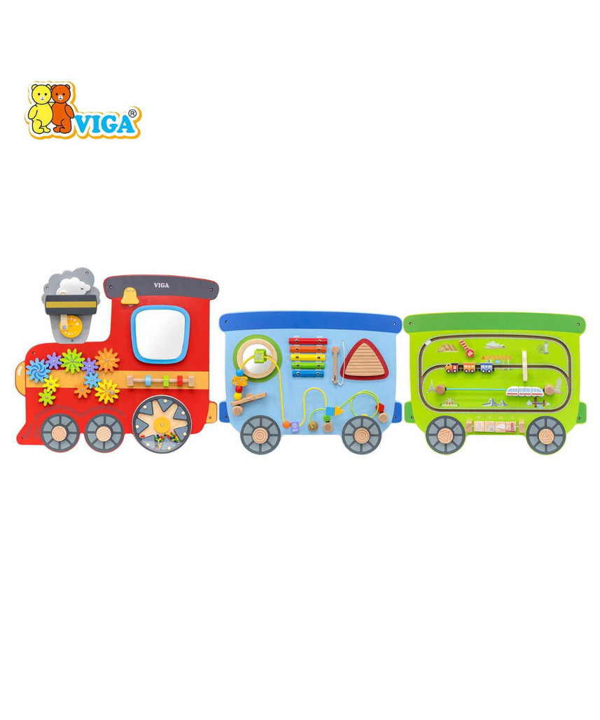 VIGA Multi Activity Wall Toy Train Series, Wooden Wall Mounted Activity Board, Montessori Learning Panel, Fine Motor Skills Toy for Toddlers, Playrooms & Waiting Areas, Ages 18M+