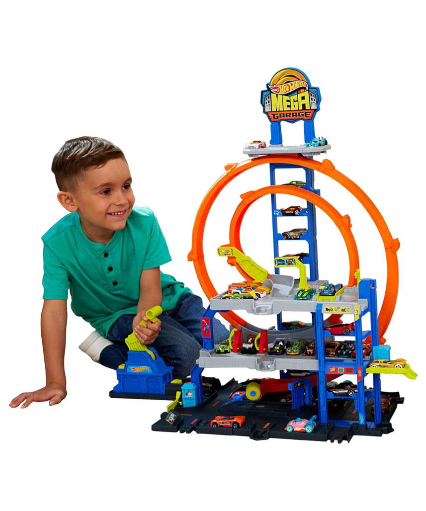 Hot Wheels Mega Loop Garage Track Set with Die-Cast Car & Helicopter, Double Loop Racing, Multi-Level Parking for 36 Cars, Speed Snap Track Adapters, Toy Garage Playset for Kids 4 Years+