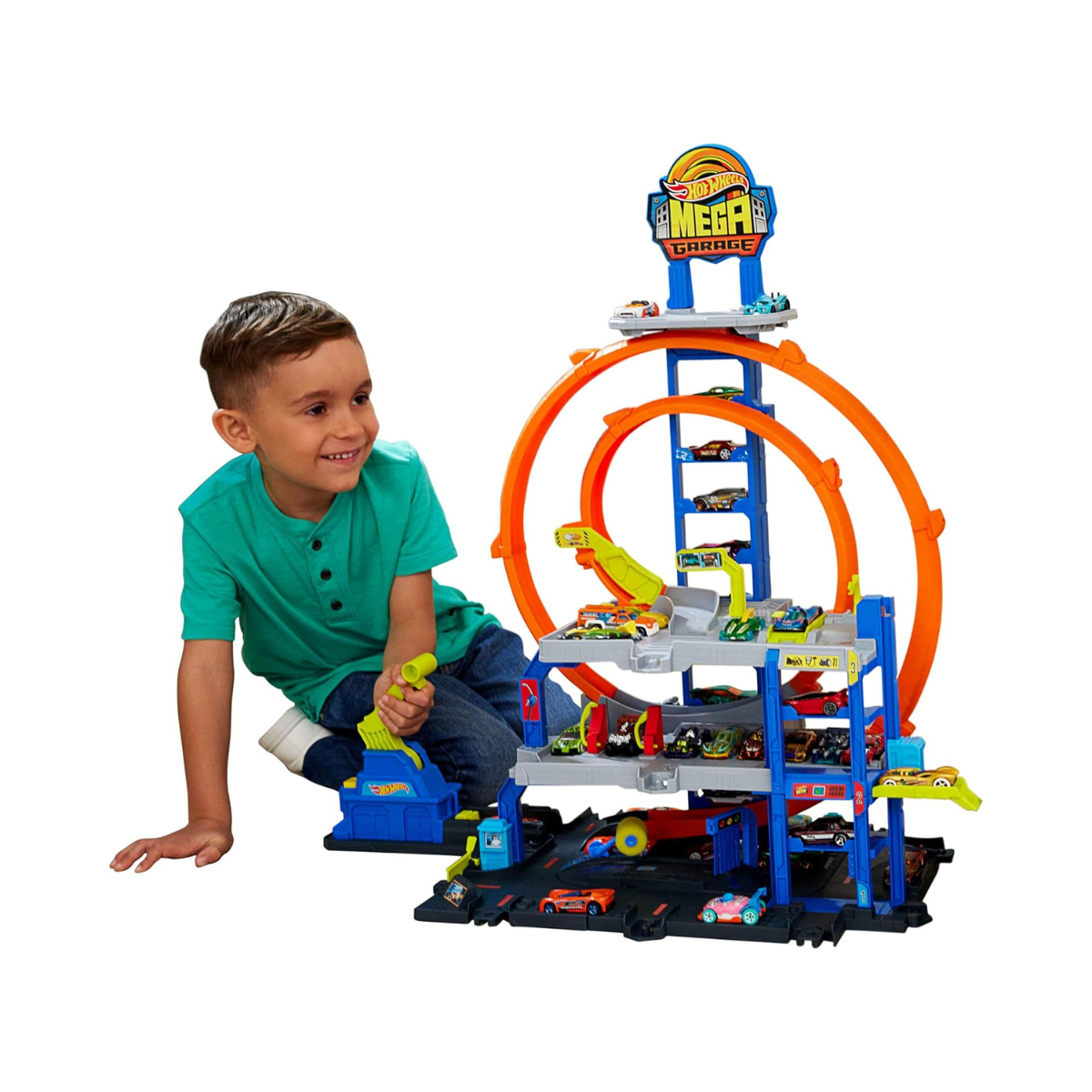 Hot Wheels Mega Loop Garage Track Set with Die-Cast Car & Helicopter, Double Loop Racing, Multi-Level Parking for 36 Cars, Speed Snap Track Adapters, Toy Garage Playset for Kids 4 Years+