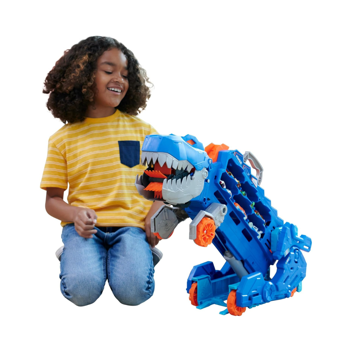 Hot Wheels City Ultimate Hauler T Rex Dinosaur Transporter, Transforms into Dino with Race Track, Stores 20+ 1:64 Die Cast Cars, Lights and Sounds, Includes 2 Cars, Kids Toy Playset, 4+ Years