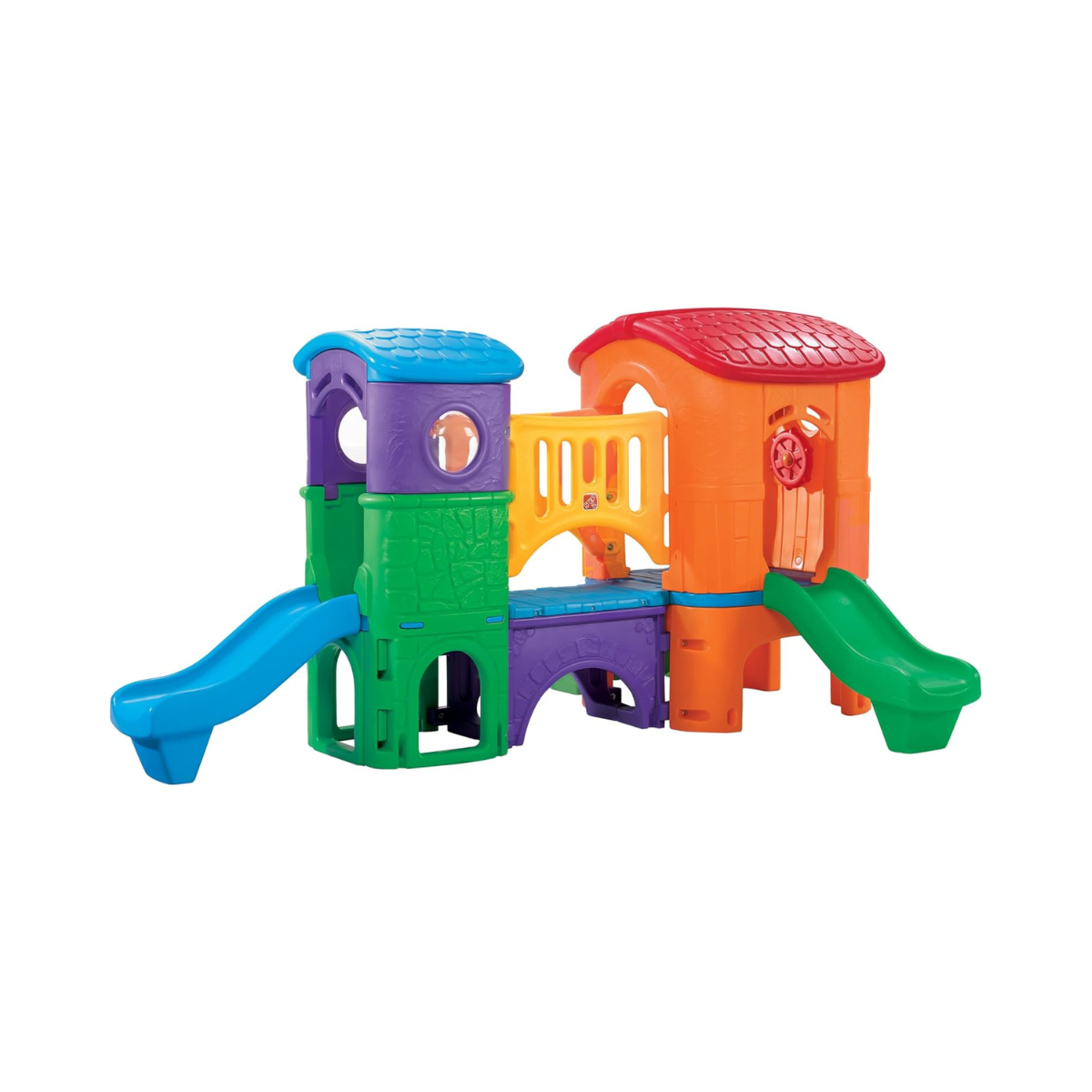 مجموعة ألعاب خارجية للأطفال من ستيب2 كلوب هاوس كلايمبر (برايتس) من عمر سنتين إلى ست سنوات، مزودة بمنزلقات مزدوجة، وسلّم تسلق، ونفق زحف، وبرج مراقبة، ومجموعات ألعاب ومعدات ملعب.