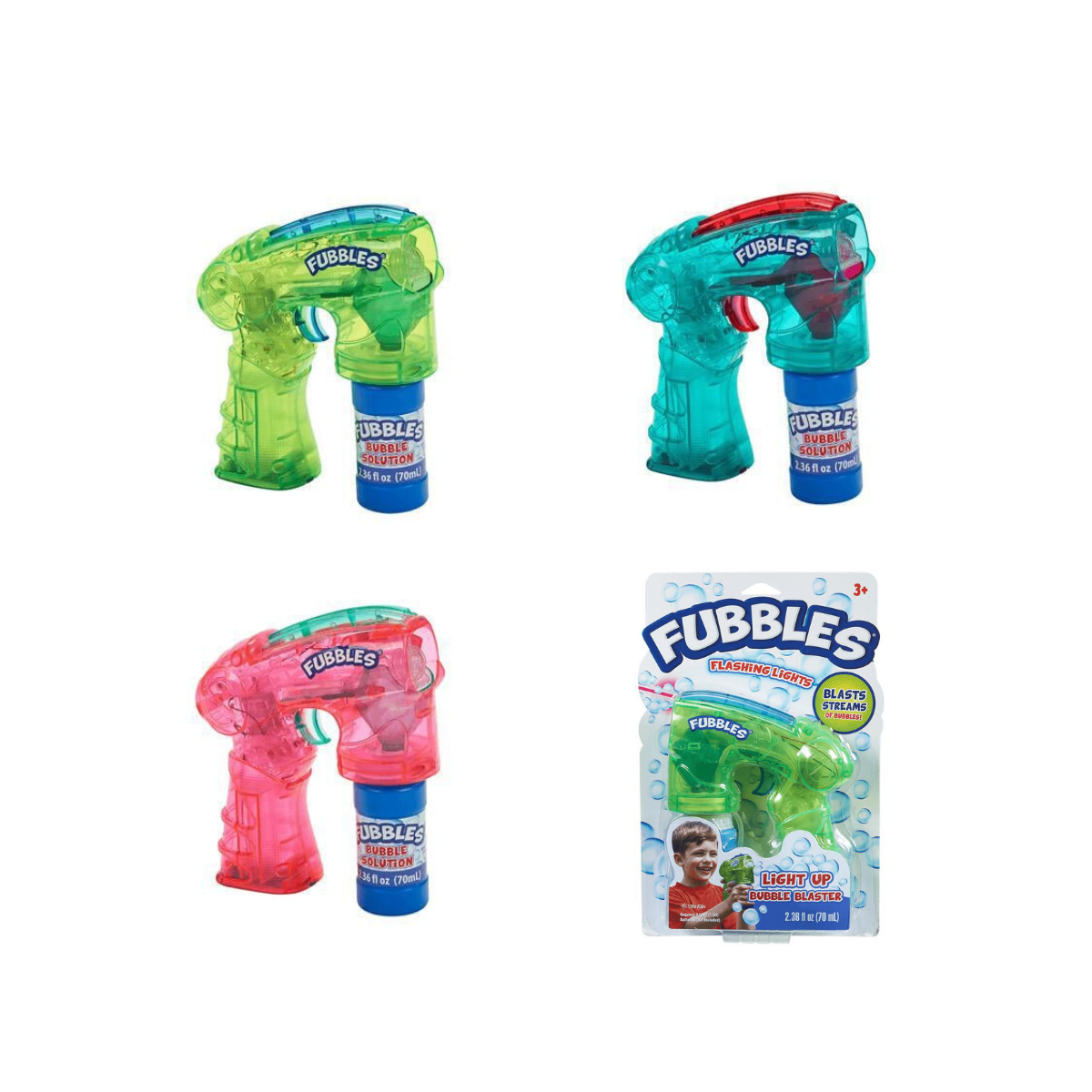 Fubbles Light Up Bubble Blaster, Continuous Bubble Gun for Kids Toddlers, Multicolor Lights, Includes Bubble Solution, Assorted Colors, Age 3 Plus