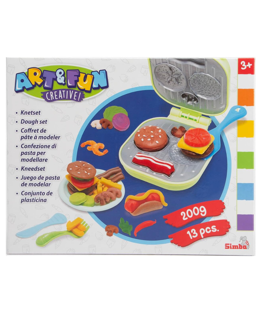 Simba Art & Fun Burger Kneading Set, 4 x 50g Modelling Dough with Grill & Accessories, 13-Piece Clay Set for Kids 3+