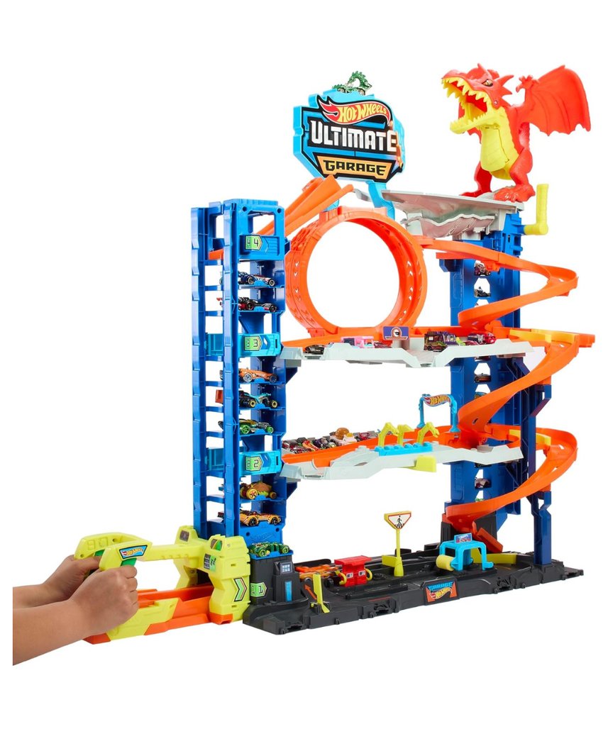Hot Wheels City Ultimate Garage Playset with Dragon, 2 Die-Cast Cars Included, Multi-Level Track, Parking for 50+ Cars, Kids Toy Garage, Ages 4+