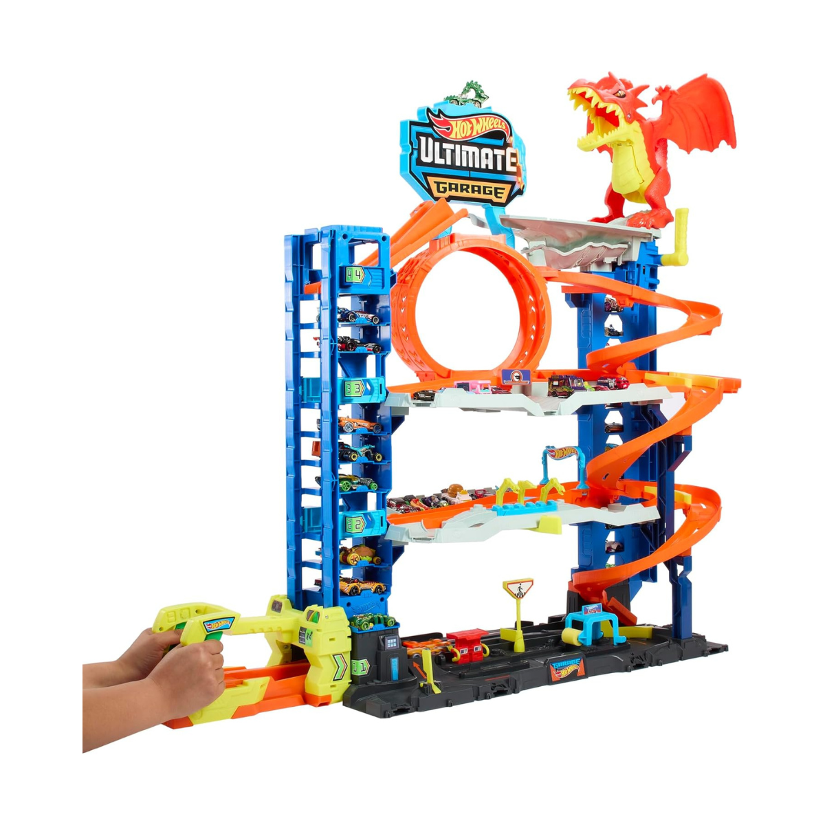 Hot Wheels City Ultimate Garage Playset with Dragon, 2 Die-Cast Cars Included, Multi-Level Track, Parking for 50+ Cars, Kids Toy Garage, Ages 4+
