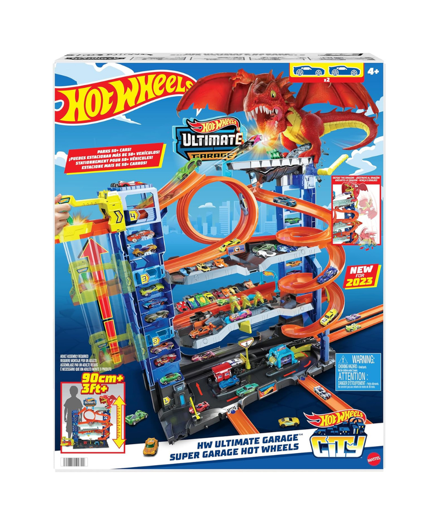 Hot Wheels City Ultimate Garage Playset with Dragon, 2 Die-Cast Cars Included, Multi-Level Track, Parking for 50+ Cars, Kids Toy Garage, Ages 4+