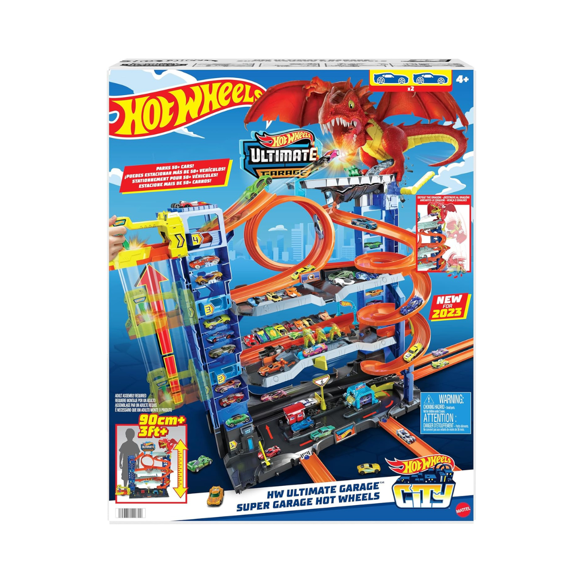 Hot Wheels City Ultimate Garage Playset with Dragon, 2 Die-Cast Cars Included, Multi-Level Track, Parking for 50+ Cars, Kids Toy Garage, Ages 4+