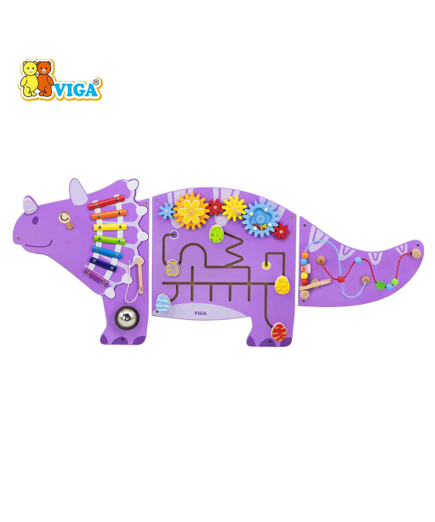 Viga Toys Triceratops Wall Activity Panel, Wooden Montessori Sensory Manipulative Board with Xylophone, Maze, Gears and Bead Loop, Wall Mounted Learning Toy for Kids, 3 Years+