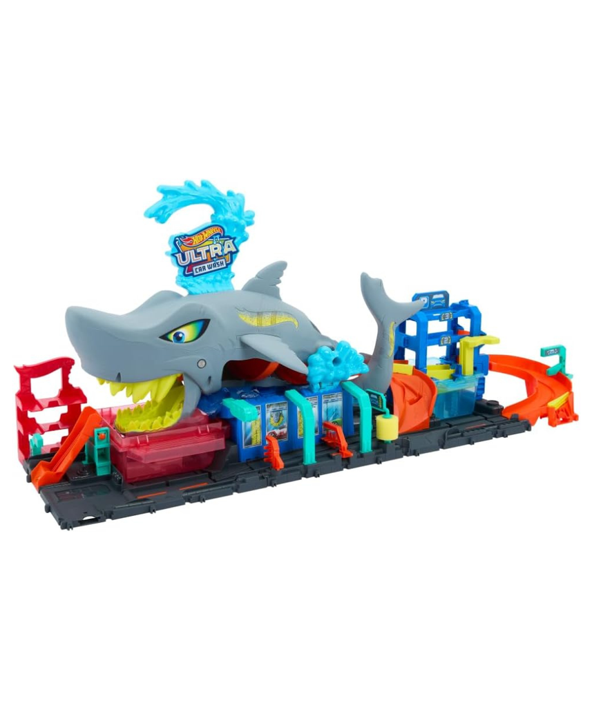 Hot Wheels Let’s Race Netflix City Shark Wash Station Playset with 1:64 Color Reveal Car, Colour Changing Car Wash Track Set, Interactive Water Play Toy for Kids 3 Years+