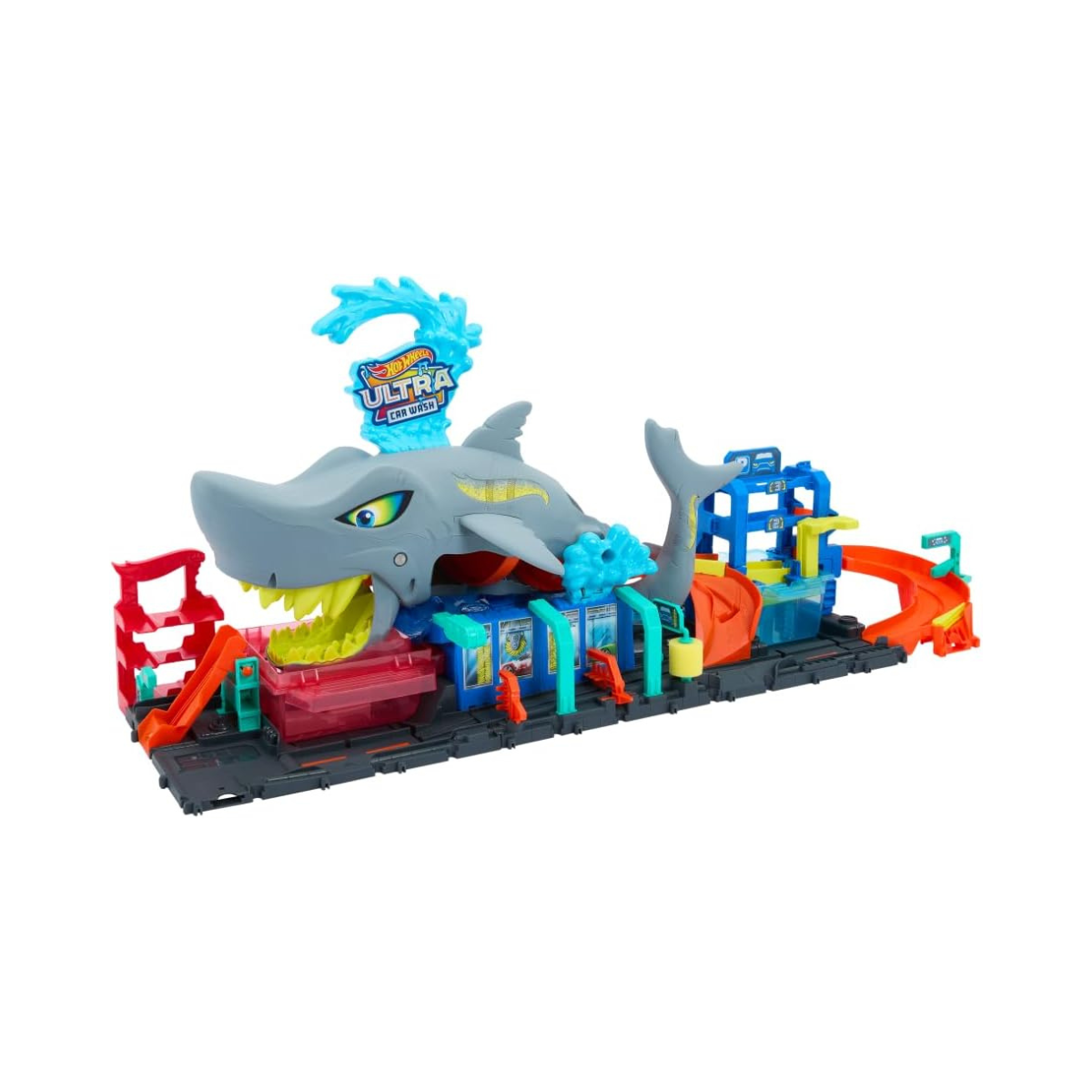Hot Wheels Let’s Race Netflix City Shark Wash Station Playset with 1:64 Color Reveal Car, Colour Changing Car Wash Track Set, Interactive Water Play Toy for Kids 3 Years+