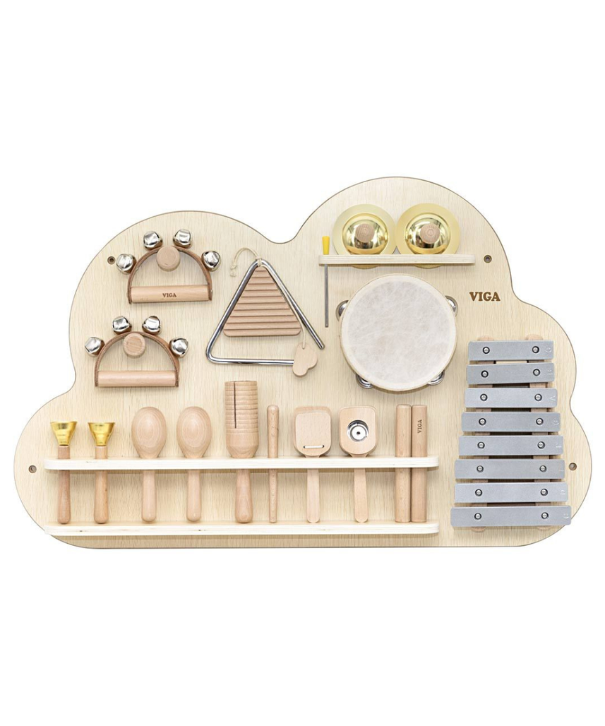 VIGA Wooden Wall Activity Board with Percussion Instruments, Montessori Musical Learning Panel with Xylophone, Bells, Drums and Rhythm Tools, Wall Mounted Music Toy for Kids, 3 Years+