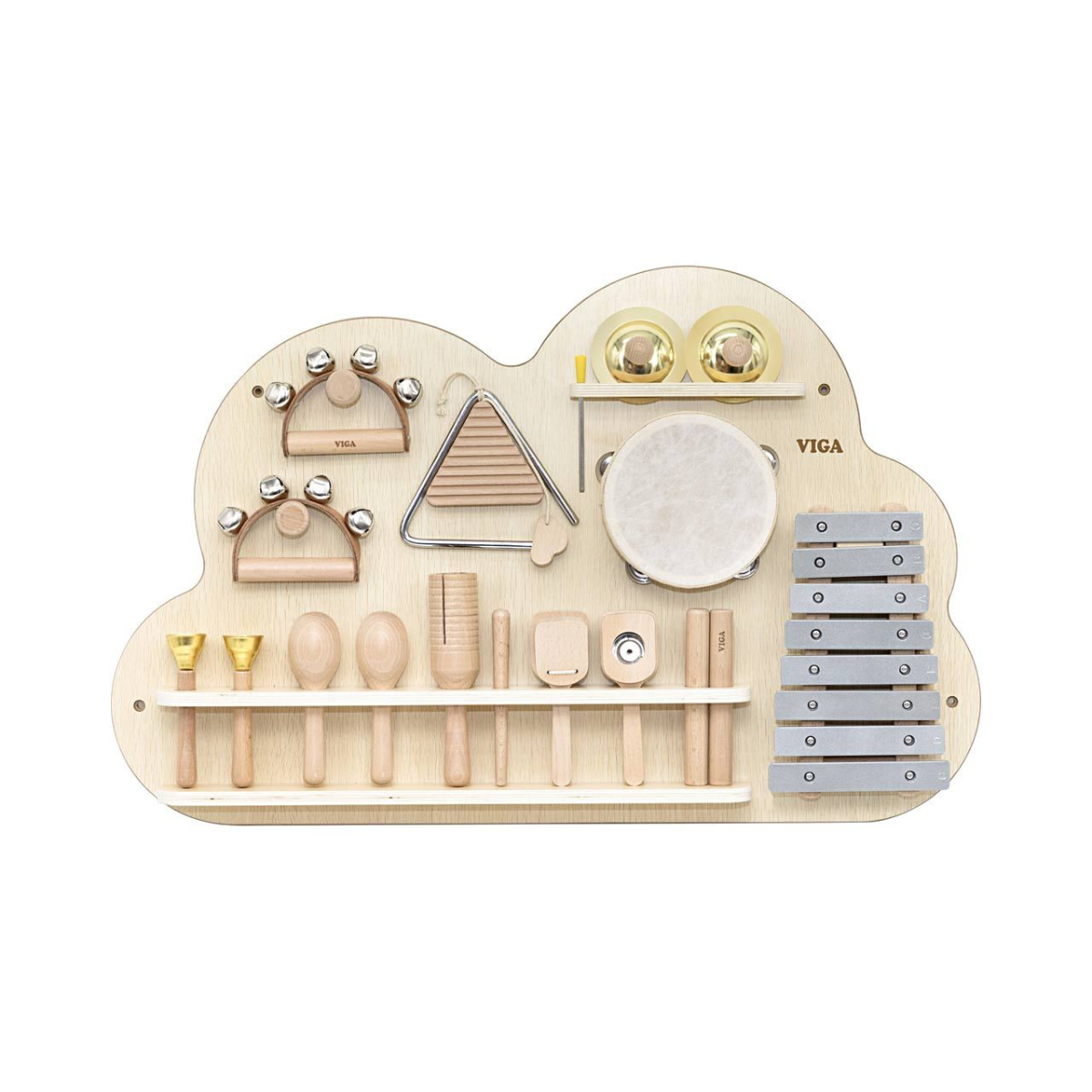 VIGA Wooden Wall Activity Board with Percussion Instruments, Montessori Musical Learning Panel with Xylophone, Bells, Drums and Rhythm Tools, Wall Mounted Music Toy for Kids, 3 Years+