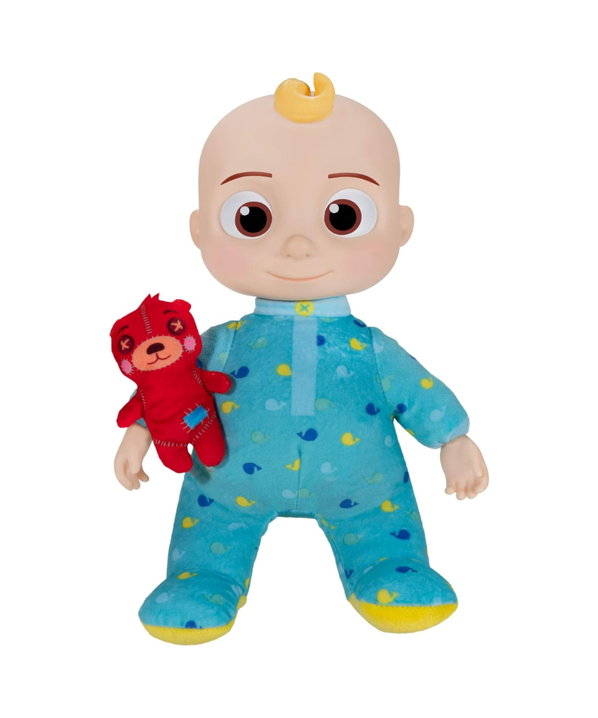 CoComelon Official Musical Bedtime JJ Doll, Soft Plush Baby Toy with Sounds, Press Tummy to Sing Yes Yes Bedtime Song, Includes Teddy Bear Pillow Plush, Toddler Bedtime Toy, 18 Months+