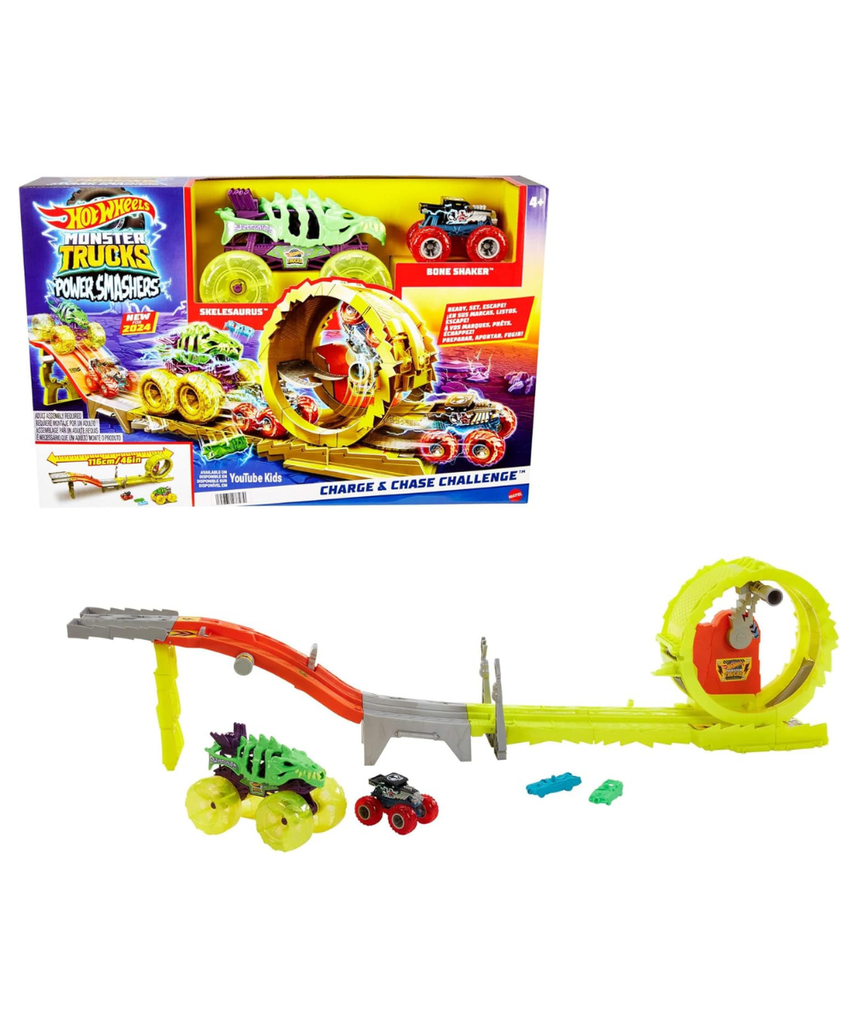 Hot Wheels Monster Trucks Charge and Chase Track Set with Oversized Skelesaurus and Bone Shaker, Power Smashers Loop Track, Includes 2 Crushed Cars, Action Racing Playset for Kids 4 Years+